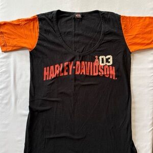 Harley-Davidson Black Tee with Orange Sleeves and Red Logo